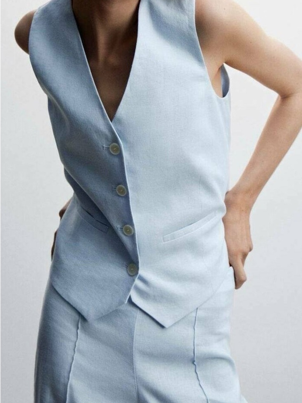 Mango Pale Blue Linen Wide-Leg Pants with Matching Vest - Picture 3 of 8